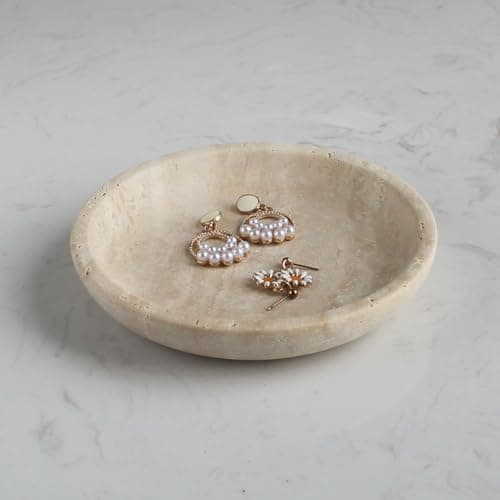 Image of Nawgnail Genuine Beige Travertine Jewelry Dish Tray 14cm, Natural Marble Trinket Dish for Ring Earring, Gift for Women Daugther