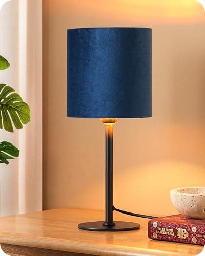 Image of EDISHINE Bedside Table Lamp, Blue Velvet Lampshade, 15 Inch Small Table Lamp for Living Room, Modern Nightstand Lamps for Bedroom, Black Metal Base, 4W E27 2700K LED Bulb Included
