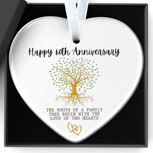 Image of Happy 60th Wedding Anniversary Decorations Gifts Ceramics Hanging Heart Plaque The Roots Of A Family Tree Begin With The Love Of Two Hearts for Mr and Mrs Parents Dad Mum Golden Anniversary Decor Gift
