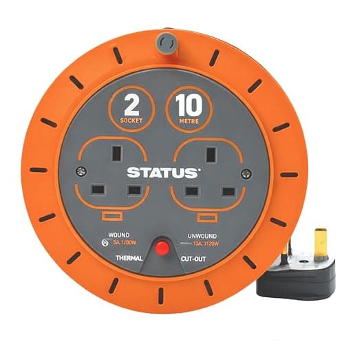 Image of STATUS 10m Cassette Cable Reel with Double Socket, 10A Extension Lead with Thermal Cut-Out for Home and DIY Use, Orange (S10A10MCR6)