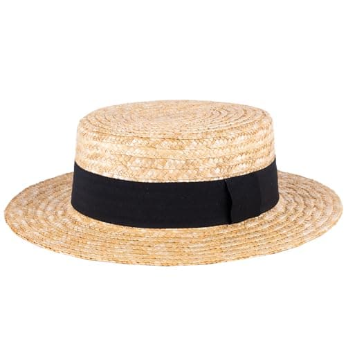 Image of ZAKIRA Classic Straw Boater Hat Handmade from Natural Straw (Black Band, L)