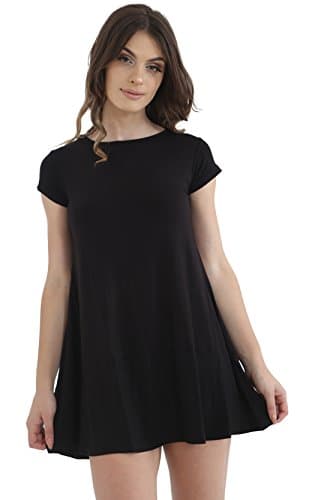 Image of GW CLASSY OUTFIT Women's Cap Sleeve Swing Dress Ladies Casual Summer Dresses Plain & Printed Midi Swing Dress UK Size 8-26 (16-18, Black)