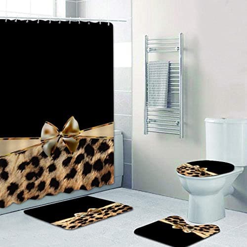 Image of jieprom 4PCS Leopard Print Splice Gold Bowknot Shower Curtain Set with Rug, Toilet Lid Cover and Bath Mat, Shower Curtain with 12 Hooks, Durable Shower Curtain for Bathroom Set