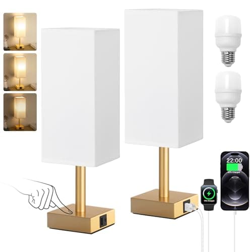 Image of Aooshine Gold Touch Lamps Set of 2, Table Lamps for Bedroom and Living Room, 3-Way Dimmable Bedside Lamps, White Linen Shade(Bulb Included)