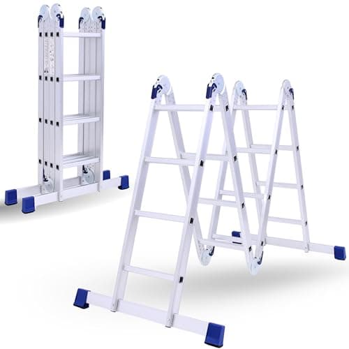 Image of Multi-Purpose 6 IN 1 Aluminium Combination Ladder - Heavy Duty 15.4ft (4.7m) Tall Step Ladder with Locking Hinges, 4 x 4 Steps, Anti-Slip Feet, Lightweight & Portable – Max Load 330.6 lbs (150 kg)