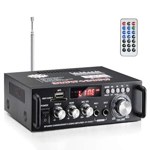 Image of AV-298BT Stereo Audio Amplifier, Max 600W Amp 2 Channel Wireless Bluetooth 5.0 Power Amplifier System, Home Amplifiers Home Theater Audio Stereo System MIC, RCA, USB, SD Card, with Remote Control