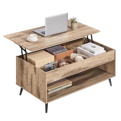 Image of VASAGLE Lift Top Coffee Table, Lift Tabletop Dining Table, Gas Spring, Hidden Compartment, Open Storage Shelf, for Living Room, Home Office, Camel Brown and Matte Black LCT267LB01