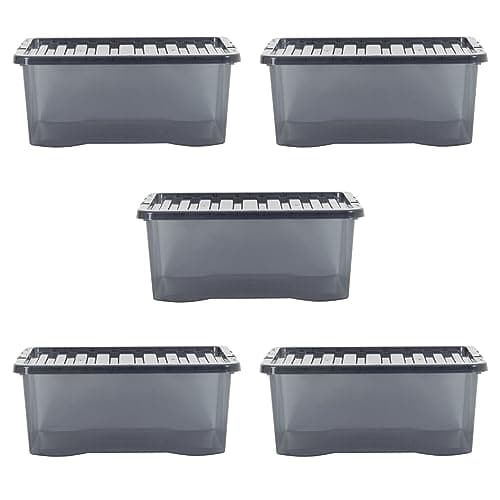 Image of Wham Crystal 5 x 45L Stackable Plastic Storage Boxes with Lids | Ideal for Home, Office, Toys & More | Large Boxes | Made in UK - Smoke