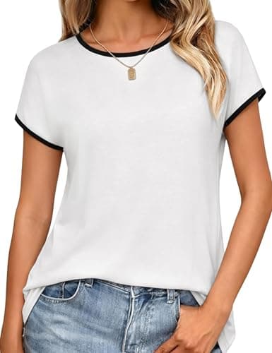 Image of Leversic Casual Women Tops Plain Short Sleeve T-Shirt Crew Neck Regular Fit Summer Tunic Basic Tee (White,L)