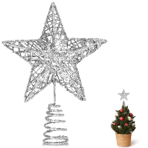 Image of GXFCING Silver Christmas Tree Topper Small Glitter Star for Christmas Tree 3D Metal Hollow Tree Top Star for Xmas Tree Topper Christmas Home Decorations 15cm
