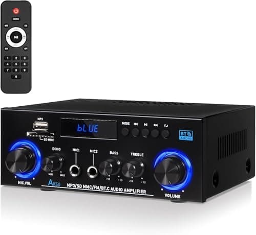 Image of 2.0 Channel Stereo Audio Amplifier with Bluetooth 5.3, FM Radio and Microphone - 1000W Peak (50W+50W RMS), Bass/Treble Control, Compatible with TV, Smartphone, Car, PC and Karaoke