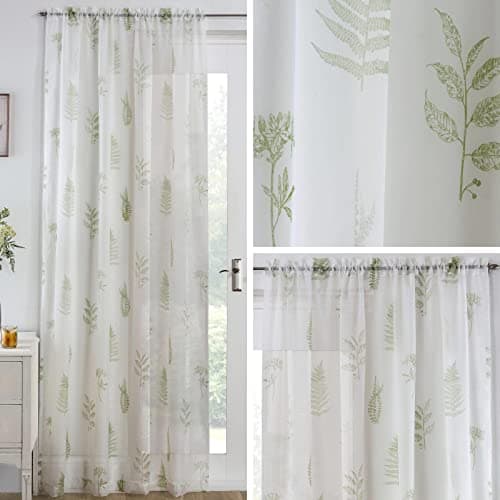 Image of Maple Textiles Ivory Cream Jungle Fern Leaf Floral Design Slot Top Sheer Voile Curtain Window Single Panel (Green, 48" (122cm) Drop)