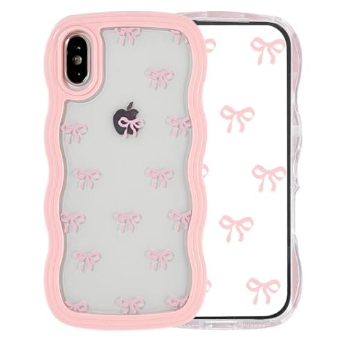 Image of Riccase for iPhone X Case iPhone XS Phone Case Bow Curly Wave Frame Phone Case, Shockproof Clear Soft Transparent Silicone Protective Bumper Cover for Women Girls, Pink