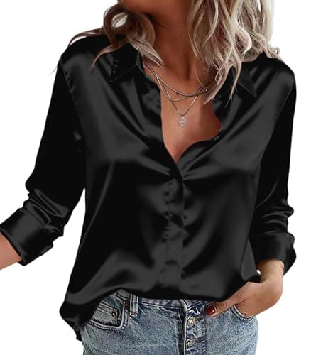 Image of Zeagoo Womens Blouse Satin Shirt Elegant V Neck Long Sleeve Casual Shirts Button Down Loose Shirt Business Work Tops Ladies Office Outfit Black M