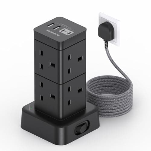 Image of Tower Extension Lead with USB C Slots 3M, 8 Way Outlets Power Strip [13A 3250W], Surge Protected Extension Lead, Black Extension Cable, Multi Plug Extension Socket for Home Office Bedroom Accessories