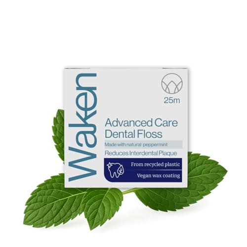 Image of Waken, 25m peppermint Advanced Care Dental Floss, 100% natural flavor, reduces plaque and gum disease, clinically tested, vegan floss, white