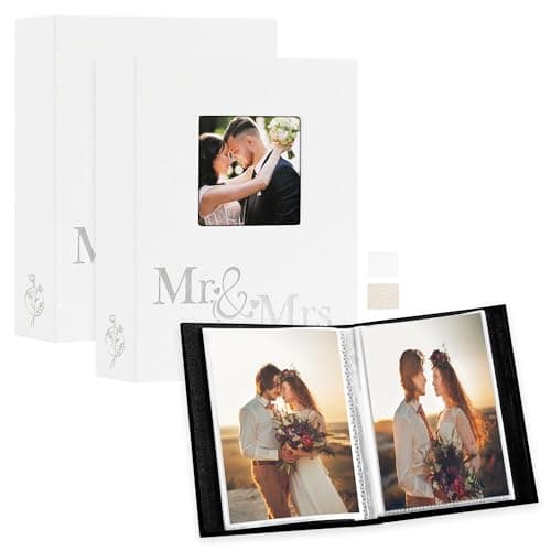 Image of Lanpn Wedding Photo Album 6x4 2 Packs, Each Pack holds 50 Pictures, Slip in Pockets Mini Linen Top Loading Wedding Window Photo Albums for Portrait Only 10x15cm Picture (Mr & Mrs, White)