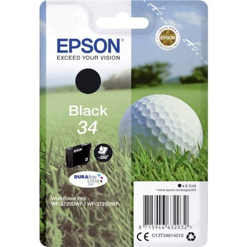 Image of Epson Genuine Golf Ball DURABrite Single 34 Tagged Ink Cartridge - Black Cartridge - 1x 6.1ml - Brand manufactured for optimal results