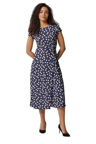 Image of M&Co Navy Blue Polka Dot Side Twist Midi Dress - Women's