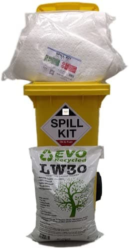 Image of 120 Litre Oil and Fuel Spill Kit with in Wheeled Bin with LW30 Granules - For use in the garage, workshop, warehouse and storage areas.