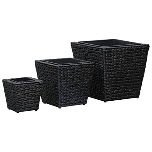 Image of vidaXL Garden Raised Beds in Black - Set of 3 Planters of Different Sizes Made of Water Hyacinth and Steel Frame, with Removable Plastic Inner Pots