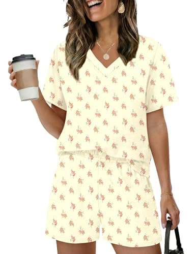 Image of Rapbin Womens Pyjamas Set Short Sleeve Pjs V Neck Top Lounge Wear Sets for Women UK Soft Pyjama Shorts Nightwear Sleepwear Apricot Pink Floral M
