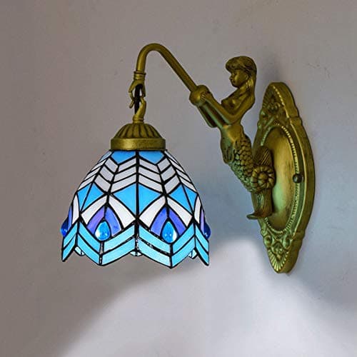 Image of GDLight 6-Inch Tiffany Style Wall Lamp Mediterranean Blue Stained Glass Bedside Wall Sconce with Goddess Base for Bedroom Hallway Living Room, E27,E