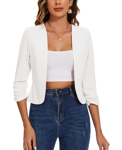 Image of MINTLIMIT Women's Suit Jackets & Blazers Cropped 3/4 Ruched Sleeve Casual Blazer for Ladies Collarless (White M)