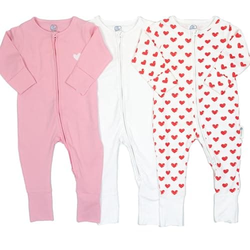 Image of AdoraCub 3-Pack Baby Zip Sleepsuits, Organic Cotton | White, Pink with Love Heart & White covered in gorgeous red hearts | Soft, Comfortable, Breathable | Newborn size to 2 yrs | Wrapped in gift box