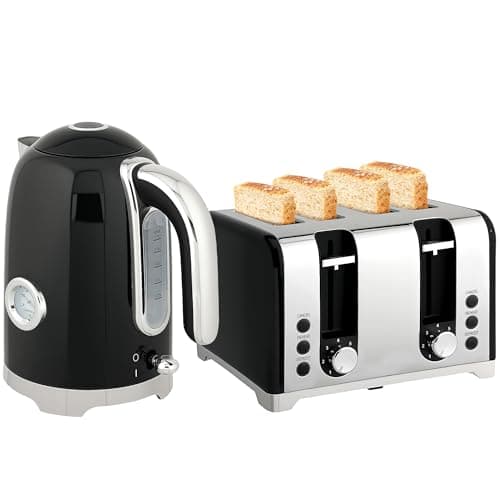 Image of HOMCOM Retro Kettle and Toaster Set with Temp Display, 1.7L 3000W Rapid Boil Stainless Steel Jug Kettle with Thermostat Limescale Filter 4 Slice Toaster with 7 Browning Controls Crumb Tray, Black