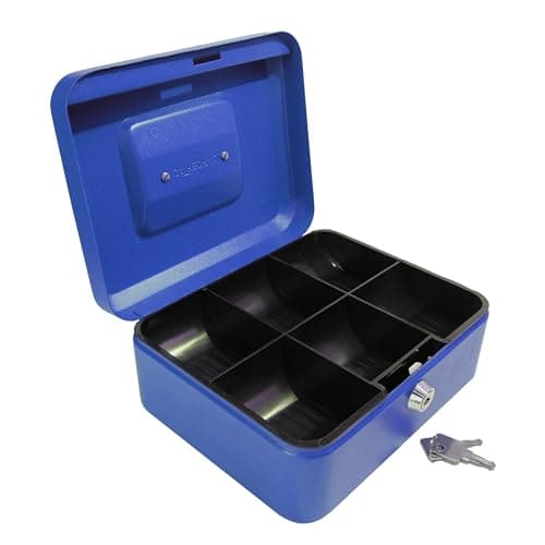 Image of Cathedral Products Key Lockable Cash Box with Lift Out 6 Compartment Coin Tray - 8 Inch - Blue