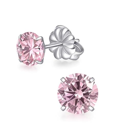 Image of TitanHeart Pure Titanium Stud Earrings, Hypoallergenic F136 Implant Grade Stud Earrings with 6mm Birthstone Crystals CZ Simulated Diamonds for Women Men (Pink CZ)