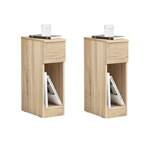 Image of SoBuy Set of 2 Slim Bedside Table Bedside Cabinet Narrow Side Table Nightstand with Drawer and Shelf for Bedroom Living Room Natural W20 x D35 x H60cm FBT111-Nx2