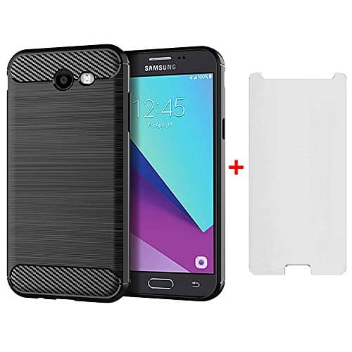 Image of Phone Case for Samsung Galaxy J3 2017 and Tempered Glass Screen Protector Film Cover with Mobile Bumper Accessories Slim Thin Shockproof Soft Silicone Rubber Glaxay J 3 Pro Duos SM-J330FN J330 Black