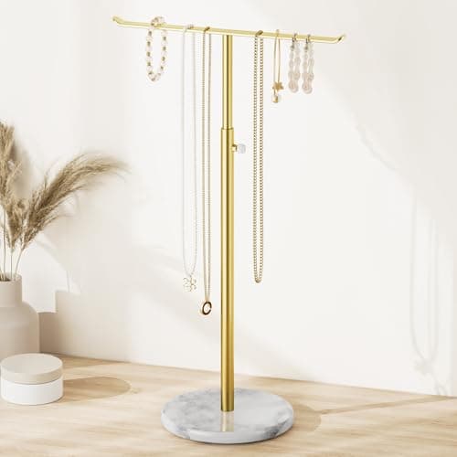 Image of Josmimic Gold Necklace Holder Organizer – Modern Metal Jewellery Tree for Hanging Necklaces and Bracelets – Minimalist Countertop Jewellery Stand, T Shape