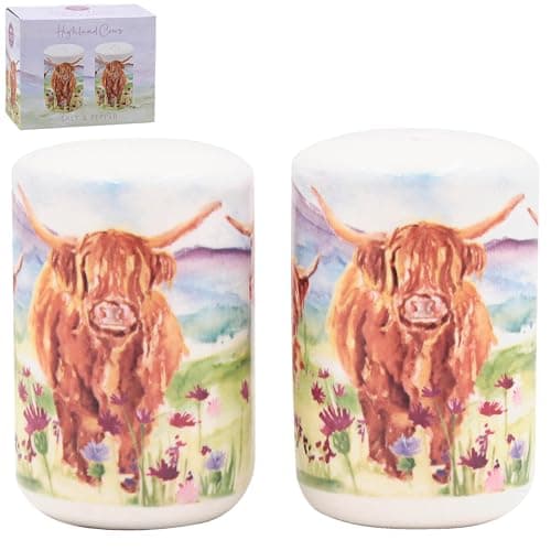 Image of The Leonardo Collection Jennifer Rose Gallery Highland Cow Salt & Pepper Set | Fine China Cruet Set for Kitchen & Dining | Rustic Farmhouse Table Accessories | Animal Design Gift for Women & Men