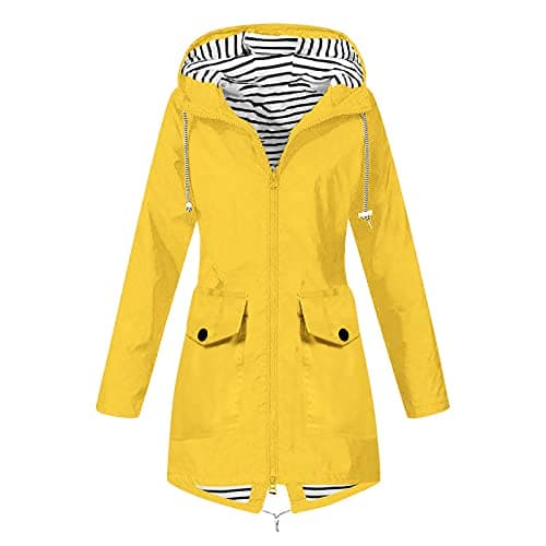 Image of Yellow Waterproof Jackets for Women UK Lightweight Hooded Raincoat Ladies Rain Jacket Durable Windproof Sunscreen Jackets Water-Resistant Winter Coats Outdoor Rain Coats With Button Pockets