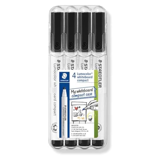 Image of STAEDTLER 341 Compact Lumocolor Whiteboard Marker Pen - 1-2mm Bullet Tip - Dry Erase Markers - Wallet Pack of 4 Pens (Black)