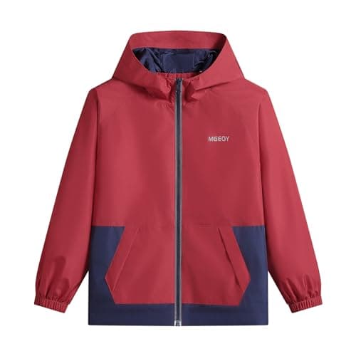 Image of BuyiRen Boys Girls Waterproof Jacket Rain Jackets Hooded Raincoat Lightweight Mesh Lined Rain Coats for Kids, Red, 8-9 Years