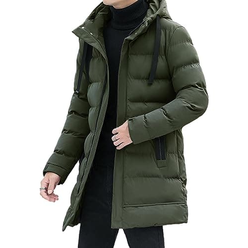 Image of aromm Men's Winter Warm Jacket with Hood Mid Length Zip up Quilted Padded Puffer Coats Green, XXL