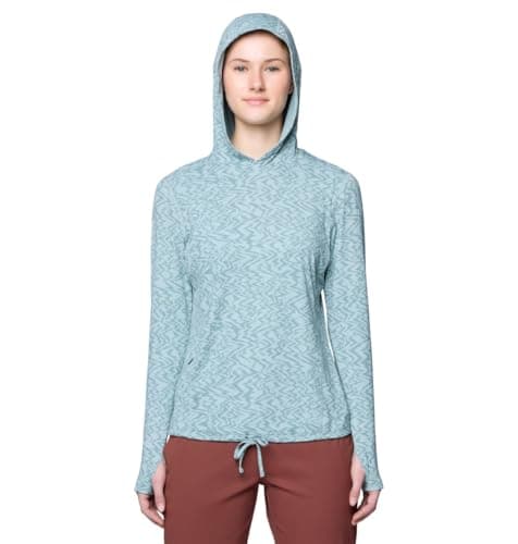 Image of Mountain Hardwear Women's Crater Lake Long Sleeve Hoody for Hiking, Camping, Backpacking, and Casual Wear, Ice Shadow Peaks Print, Medium