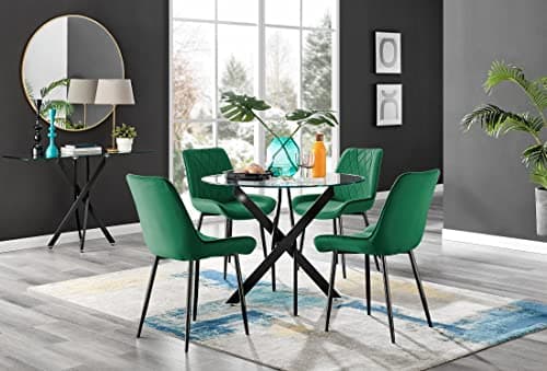 Image of Furniturebox UK Dining Table - Novara 100cm Round Matte Black and Clear Tempered Glass Industrial Home 4 Seater Kitchen Dining Table & 4 Green Velvet Black Leg Pesaro Dining Chairs