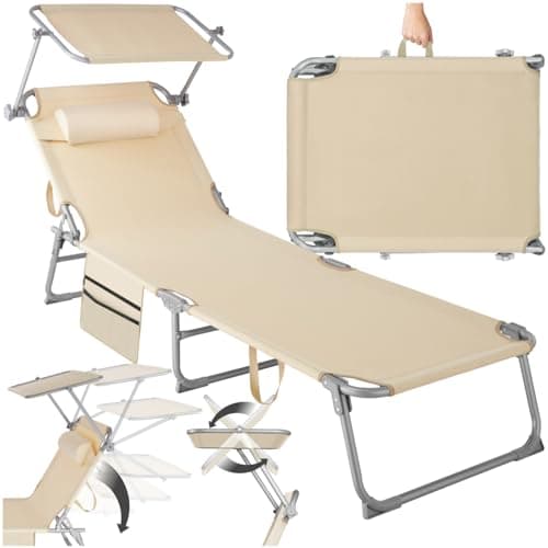 Image of tectake® Folding Sun Lounger - Adjustable 4-Position Backrest with Sun Canopy & Removable Head Cushion, Water-Resistant Cover, Steel Frame & Side Pocket - Garden Chair for Patio & Backyard - Beige
