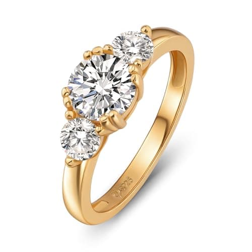Image of Jeulia 1ct Moissanite Three Stone Ring for Women 925 Sterling Silver Gold-Plated Vintage Fancy Engagement Ring Wedding Band Bridal Anniversary Valentine Jewelry with Giftbox (Gold, T-½)
