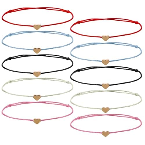 Image of Skrfren 10 Pack Heart Friendship Bracelets, Adjustable Heart Bracelet with Gold Hearts Cord Red Bracelets for Women with Gold Hearts, Red Thread Bracelet for Women Friends Partners Lovers