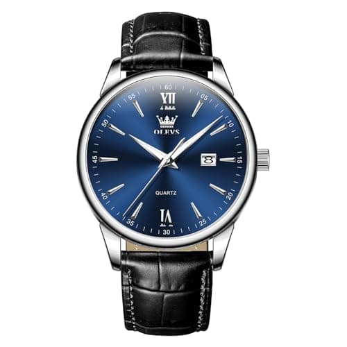 Image of OLEVS Mens Watches Black Leather Strap Roman Numerals Analog Quartz Watches for Men Big Face Waterproof Blue Mens Watch Simple Stylish Easy to Read Luminous Men’s Wristwatch with Calendar