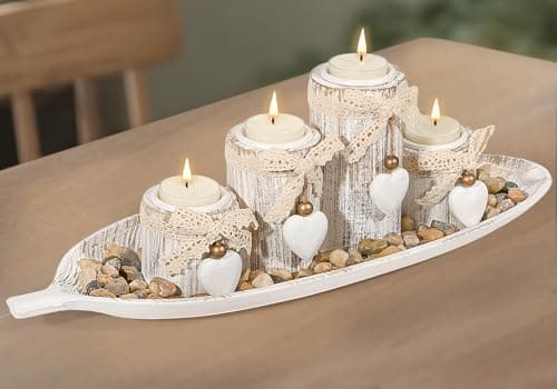 Image of GoMaihe Wooden Candle Holders with Tray : 4-Pcs Tealight Candlestick Set for Dining Table Centrepiece, Ornaments for Living Room Bathroom, House Warming Gifts, Leaf