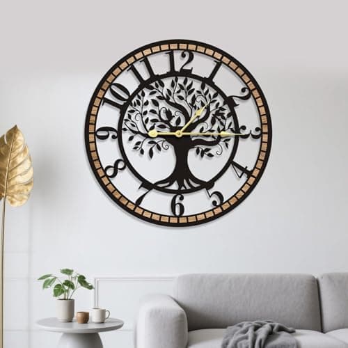Image of GEXHSRGD Tree of Life Wall Clock, Large Metal & Wood Decorative Wall Clock, Silent Non, Ticking Battery Operated Design, Home Decor for Kitchen, Living Room, Bedroom, Study Room 16 In