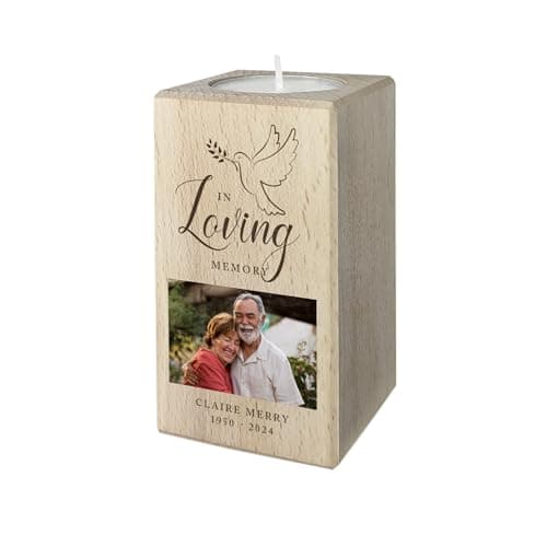 Image of Personalised Memorial Dove Wooden Photo Tea Light Holder - Custom Message | Sympathy Gift, Remembrance | 10cm H x 5.5cm W x 5.5cm D