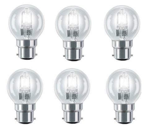 Image of 12 Pack Eco Halogen Mini Globes 28W (=35W-40W) BC B22 B22d Classic Clear Round Energy Saver Light Bulbs, Bayonet Cap, Golf Ball Dimmable Lamps, 340-370 Lumen, Mains 240V [Energy Class C]